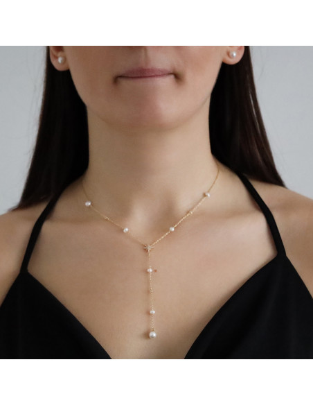 Collier argent doré étoile et perles naturelles blanches cravate
