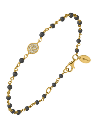 Bracelt Argent Doré Médaillon Serti Et Perles Spinelle Noire