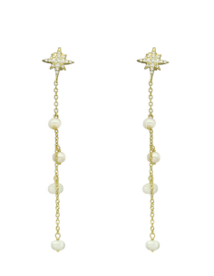 Boucles D'oreilles Argent Doré Etoiles Et Perles Naturelles Blanches
