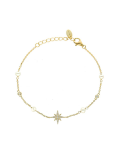 Bracelet Argent Doré Etoile Et Perles Naturelles Blanches