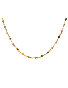 Collier Argent Doré Oeil De Tigre Et Pierres Naturelles Tourmaline