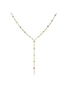 Collier Cravate Argent Doré Perles Naturelles Quartz Rose Fraise