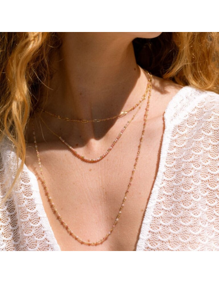 Collier Argent Doré Et Pierres Naturelles Quartz Rose Fraise