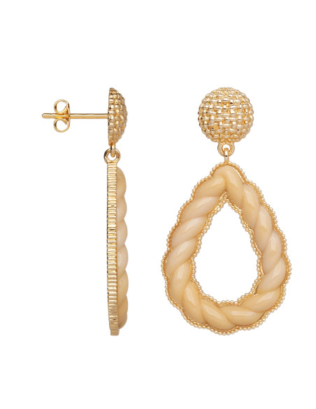 Boucles D'Oreilles Torsade Résine Beige Plaqué Or SAUNIER