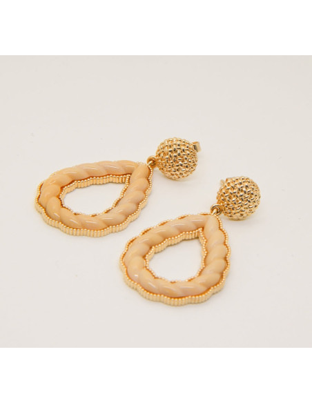Boucles D'Oreilles Torsade Résine Beige Plaqué Or SAUNIER